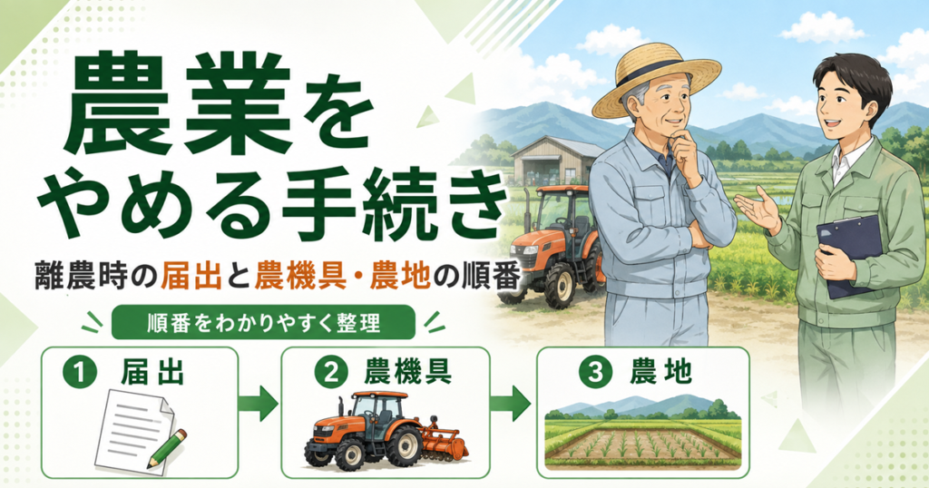 農業をやめる手続き 離農時の届出と農機具・農地の順番。届出・農機具・農地の3つを矢印で並べた図と、田んぼと納屋とトラクターを背にして話し合う農家と担当者のイラスト