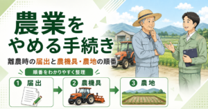 農業をやめる手続き 離農時の届出と農機具・農地の順番。届出・農機具・農地の3つを矢印で並べた図と、田んぼと納屋とトラクターを背にして話し合う農家と担当者のイラスト