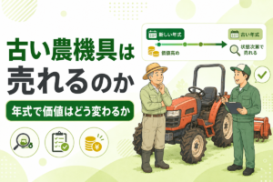 古い農機具は売れるのか 年式で価値はどう変わるか。新しい年式から古い年式へ価値が変わる流れを示した図と、トラクターの前で話す農家と査定員のイラスト