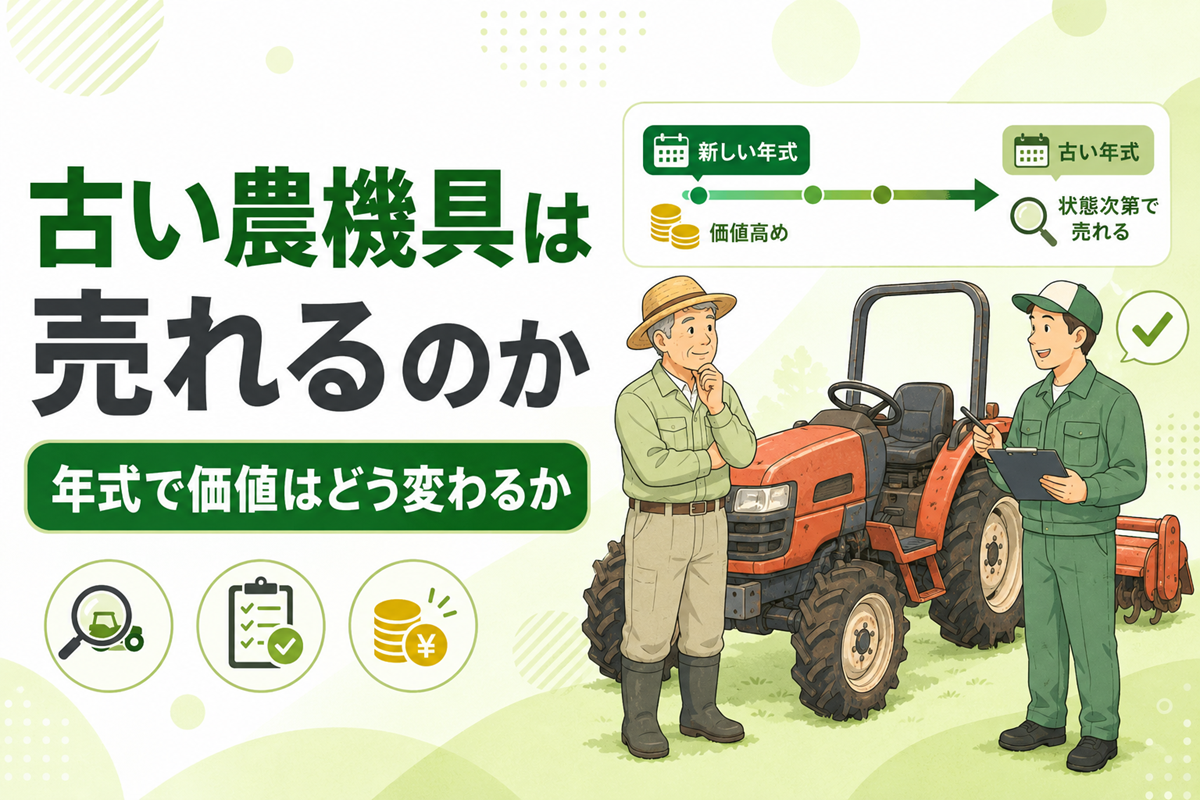 古い農機具は売れるのか 年式で価値はどう変わるか。新しい年式から古い年式へ価値が変わる流れを示した図と、トラクターの前で話す農家と査定員のイラスト