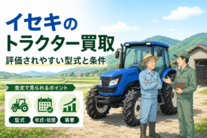 イセキのトラクター買取 評価されやすい型式と条件。型式・年式と状態・需要の3つの評価軸を示したアイコンと、山と田んぼを背にした青いキャビン付きトラクターの前で話す農家と査定員のイラスト