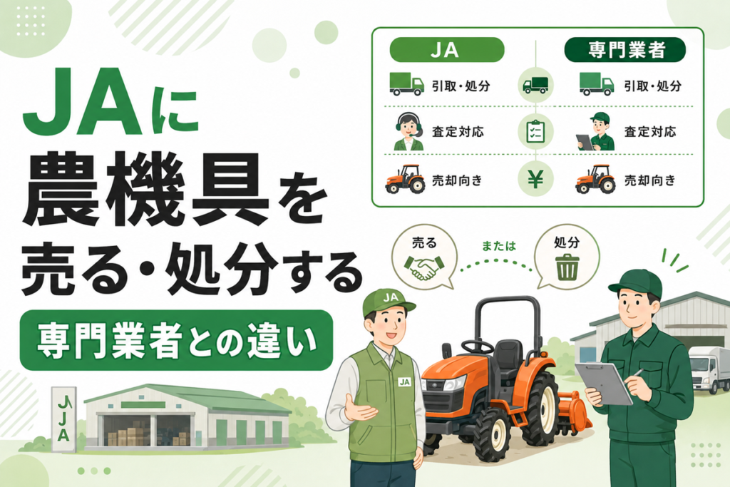JAに農機具を売る・処分する 専門業者との違い。引取・処分、査定対応、売却向きの3項目でJAと専門業者を比較した表と、トラクターの前に立つJA職員と買取業者のイラスト