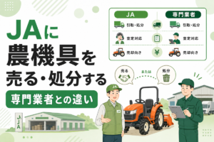 JAに農機具を売る・処分する 専門業者との違い。引取・処分、査定対応、売却向きの3項目でJAと専門業者を比較した表と、トラクターの前に立つJA職員と買取業者のイラスト