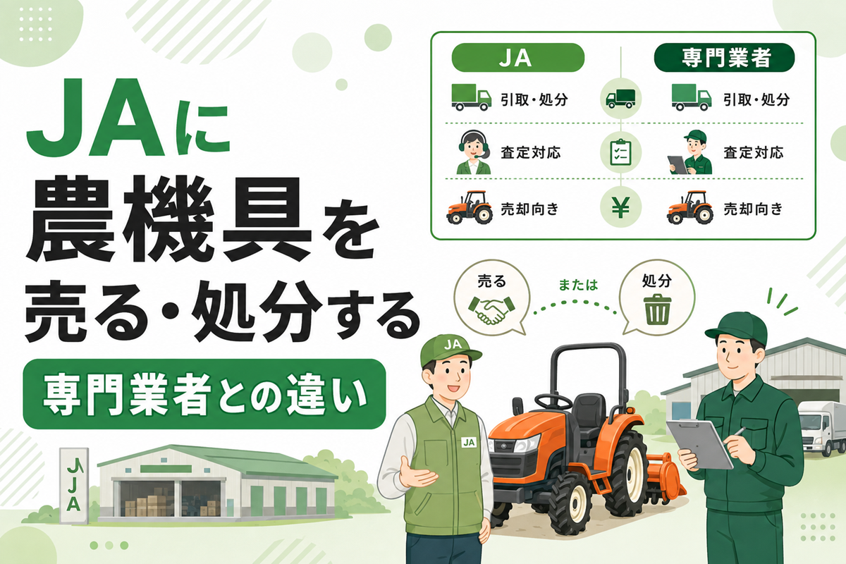 JAに農機具を売る・処分する 専門業者との違い。引取・処分、査定対応、売却向きの3項目でJAと専門業者を比較した表と、トラクターの前に立つJA職員と買取業者のイラスト