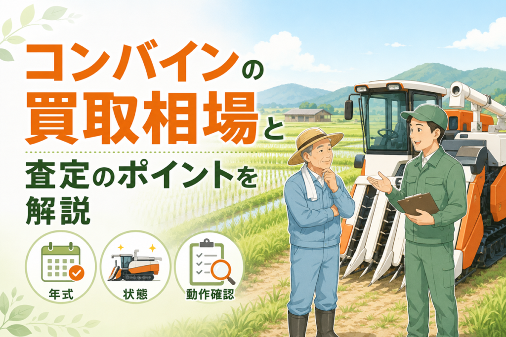 コンバインの買取相場と査定のポイントを解説。年式・状態・動作確認の3つを示したアイコンと、稲の実った田んぼを背にしたコンバインの前で話す農家と査定員のイラスト