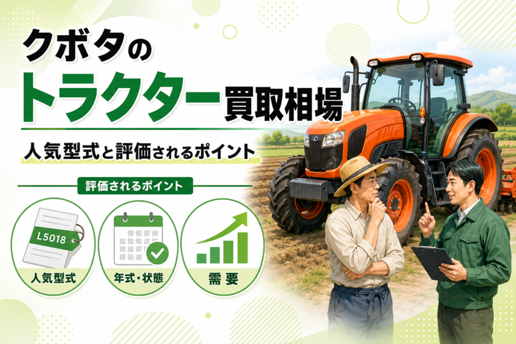 クボタのトラクター買取相場 人気型式と評価されるポイント。人気型式・年式と状態・需要の3つの評価軸を示したアイコンと、畑のトラクターの前で話す農家と査定員のイラスト
