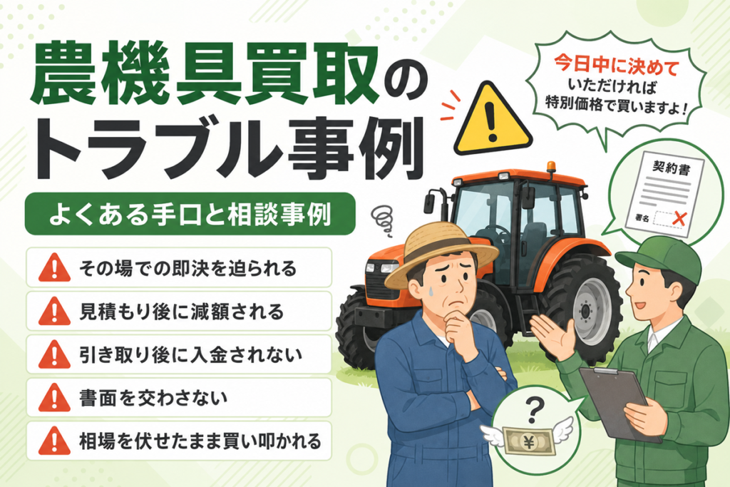 農機具買取のトラブル事例 よくある手口と相談事例。その場での即決、見積もり後の減額、入金されない、書面を交わさない、買い叩きの5つを並べたリストと、困った表情の農家に迫る業者のイラスト