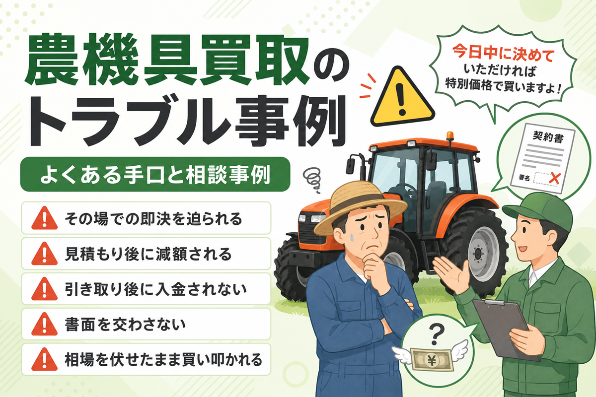 農機具買取のトラブル事例 よくある手口と相談事例。その場での即決、見積もり後の減額、入金されない、書面を交わさない、買い叩きの5つを並べたリストと、困った表情の農家に迫る業者のイラスト