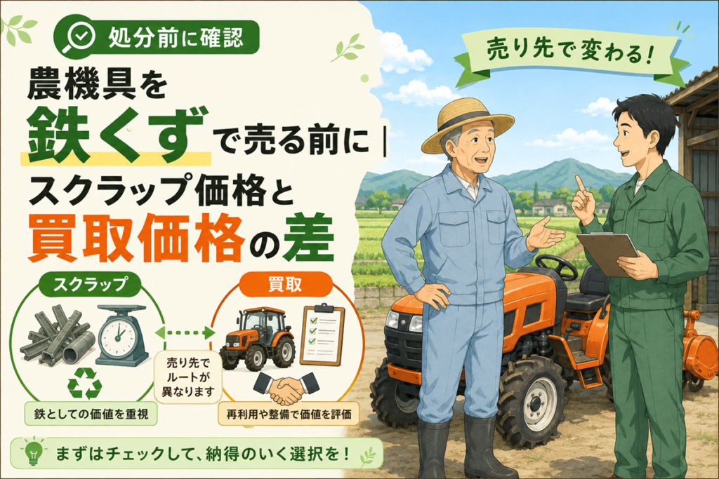 農機具を鉄くずで売る前に スクラップ価格と買取価格の差。鉄の重量で量るスクラップと、再利用や整備で価値を評価する買取を対比した図と、田んぼを背にしたトラクターの前で話す農家と査定員のイラスト