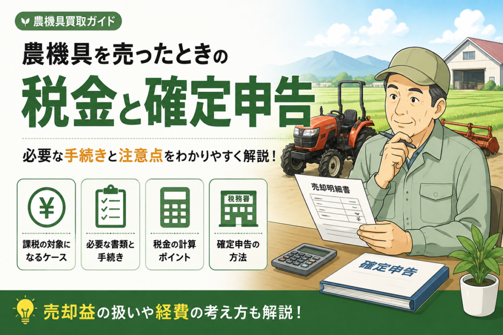 農機具を売ったときの税金と確定申告 必要な手続きと注意点。課税の対象になるケース・必要な書類と手続き・税金の計算ポイント・確定申告の方法の4項目を示したアイコンと、売却明細書と電卓を前に確定申告の書類を確認する農家のイラスト
