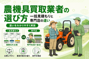 農機具買取業者の選び方 一括見積もりと専門店の違い。複数社を比較する一括見積もりと専門知識で査定する専門店を対比した図と、トラクターの前で話す農家と査定員のイラスト