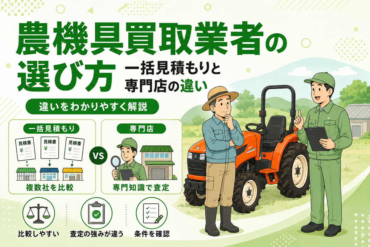 農機具買取業者の選び方 一括見積もりと専門店の違い。複数社を比較する一括見積もりと専門知識で査定する専門店を対比した図と、トラクターの前で話す農家と査定員のイラスト