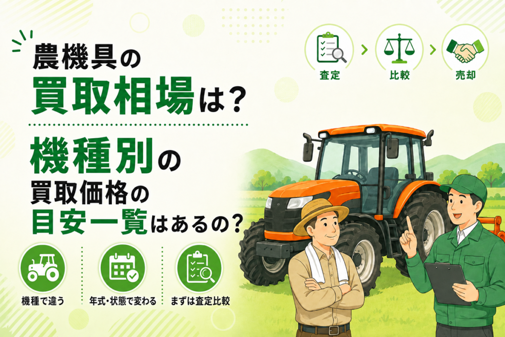 農機具の買取相場は？機種別の買取価格の目安一覧はあるの？ 査定・比較・売却の流れを示したアイコンと、トラクターの前に立つ農家と査定員のイラスト