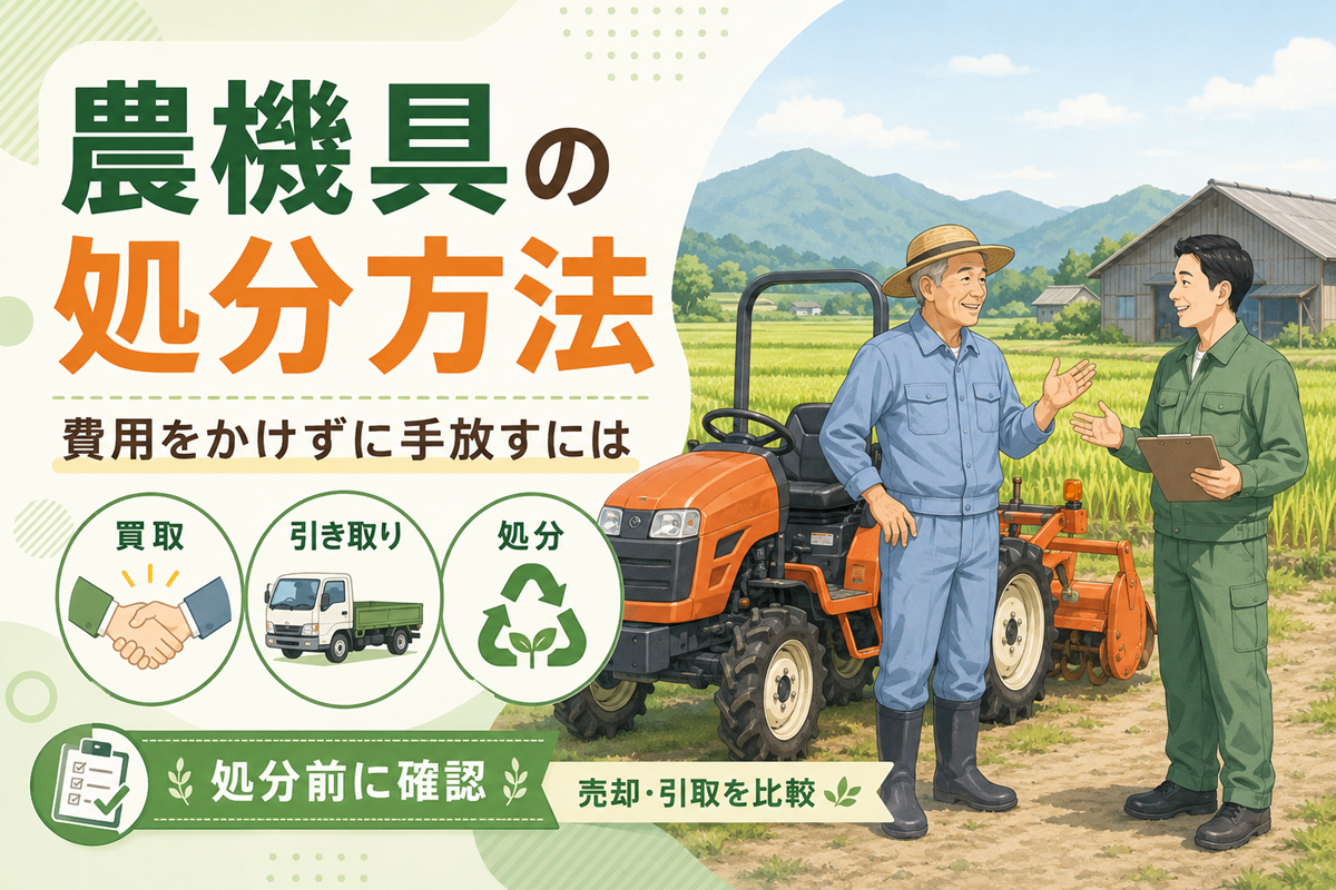 農機具の処分方法 費用をかけずに手放すには。買取・引き取り・処分の3つの選択肢を示したアイコンと、田んぼと納屋を背にしたトラクターの前で話す農家と査定員のイラスト