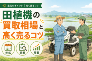 田植機の買取相場と高く売るコツ 査定のポイント。年式・状態・需要の3つを示したアイコンと、苗を載せた乗用田植機の前で話す農家と査定員のイラスト