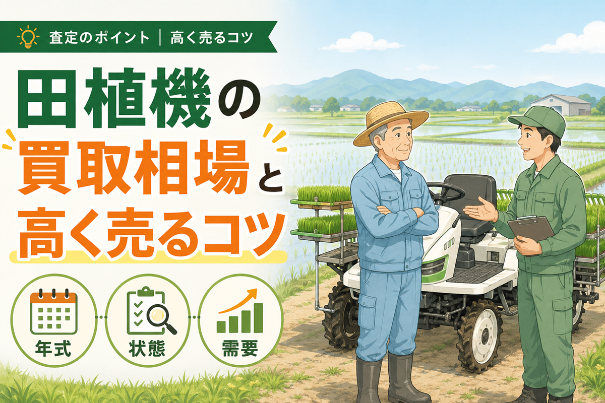 田植機の買取相場と高く売るコツ 査定のポイント。年式・状態・需要の3つを示したアイコンと、苗を載せた乗用田植機の前で話す農家と査定員のイラスト