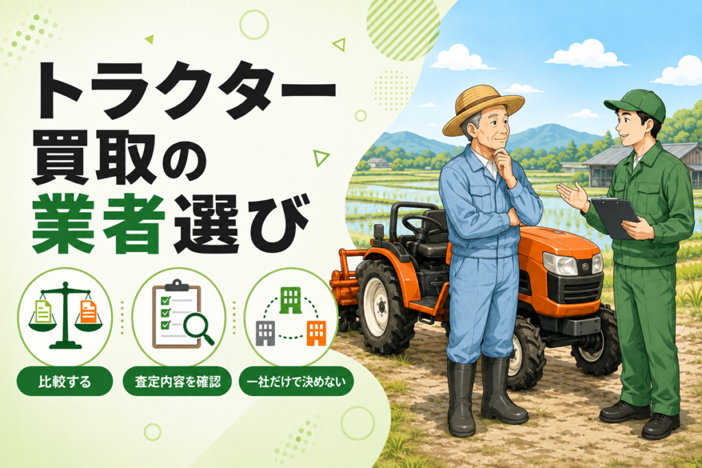 トラクター買取の業者選び メーカー別の得意不得意。比較する・査定内容を確認・一社だけで決めないの3つのポイントを示したアイコンと、田んぼを背にしたトラクターの前で話す農家と査定員のイラスト