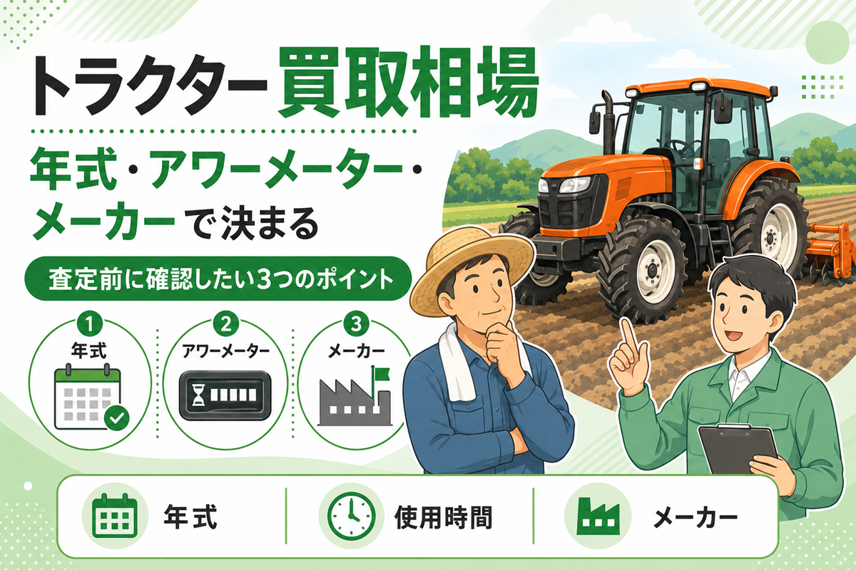 トラクター買取相場 年式・アワーメーター・メーカーで決まる。査定前に確認したい3つのポイントを示したアイコンと、畑のトラクターの前で話す農家と査定員のイラスト