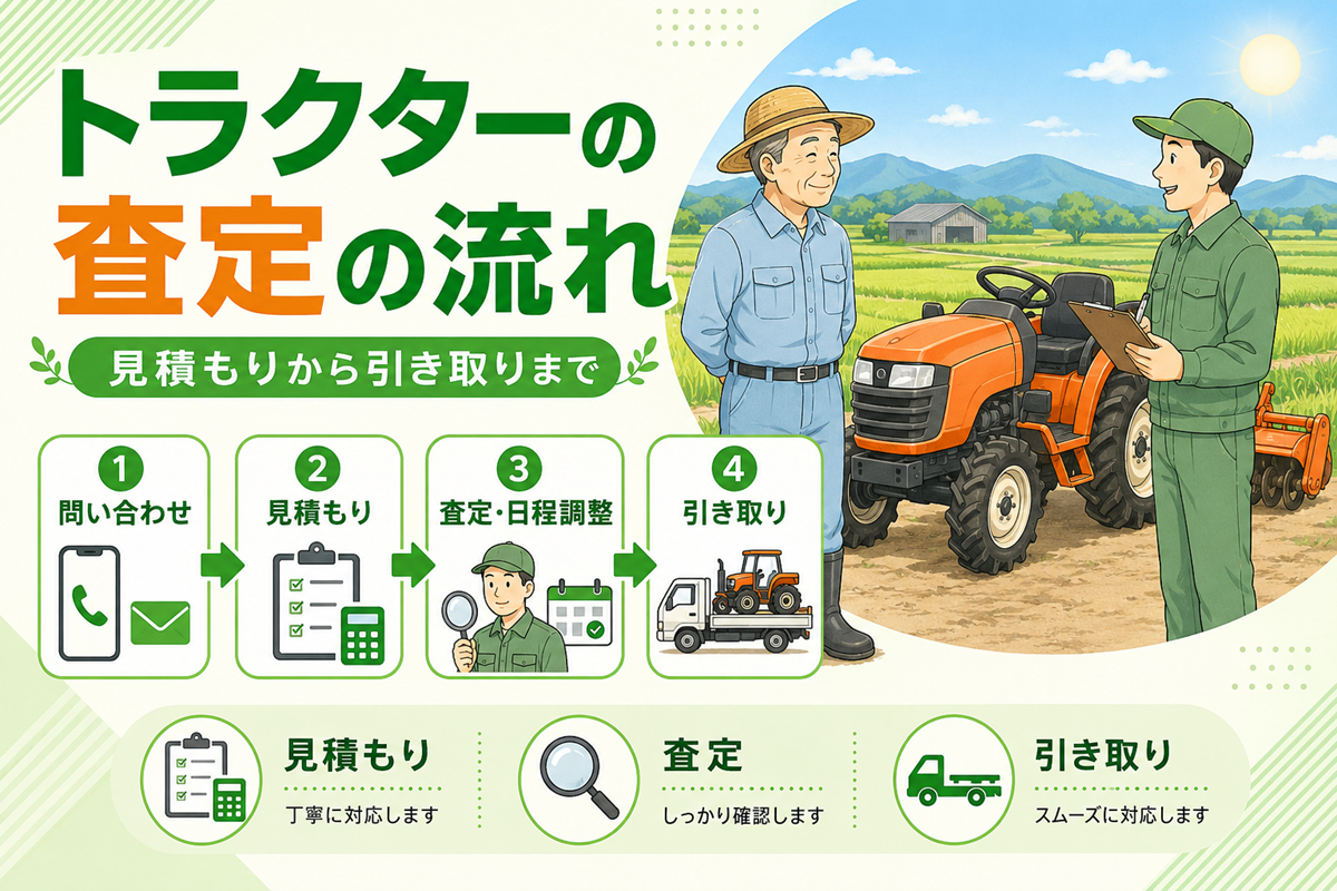トラクターの査定の流れ 見積もりから引き取りまで。問い合わせ・見積もり・査定と日程調整・引き取りの4ステップを矢印で並べた図と、田んぼを背にしたトラクターの前で話す農家と査定員のイラスト