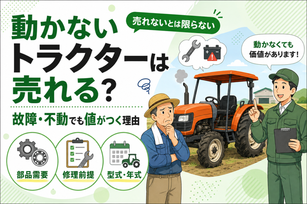 動かないトラクターは売れる？故障・不動でも値がつく理由。部品需要・修理前提・型式と年式の3つを示したアイコンと、動かないトラクターの前で困る農家と説明する査定員のイラスト