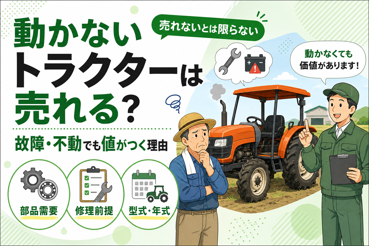 動かないトラクターは売れる?故障・不動でも値がつく理由。部品需要・修理前提・型式と年式の3つを示したアイコンと、動かないトラクターの前で困る農家と説明する査定員のイラスト